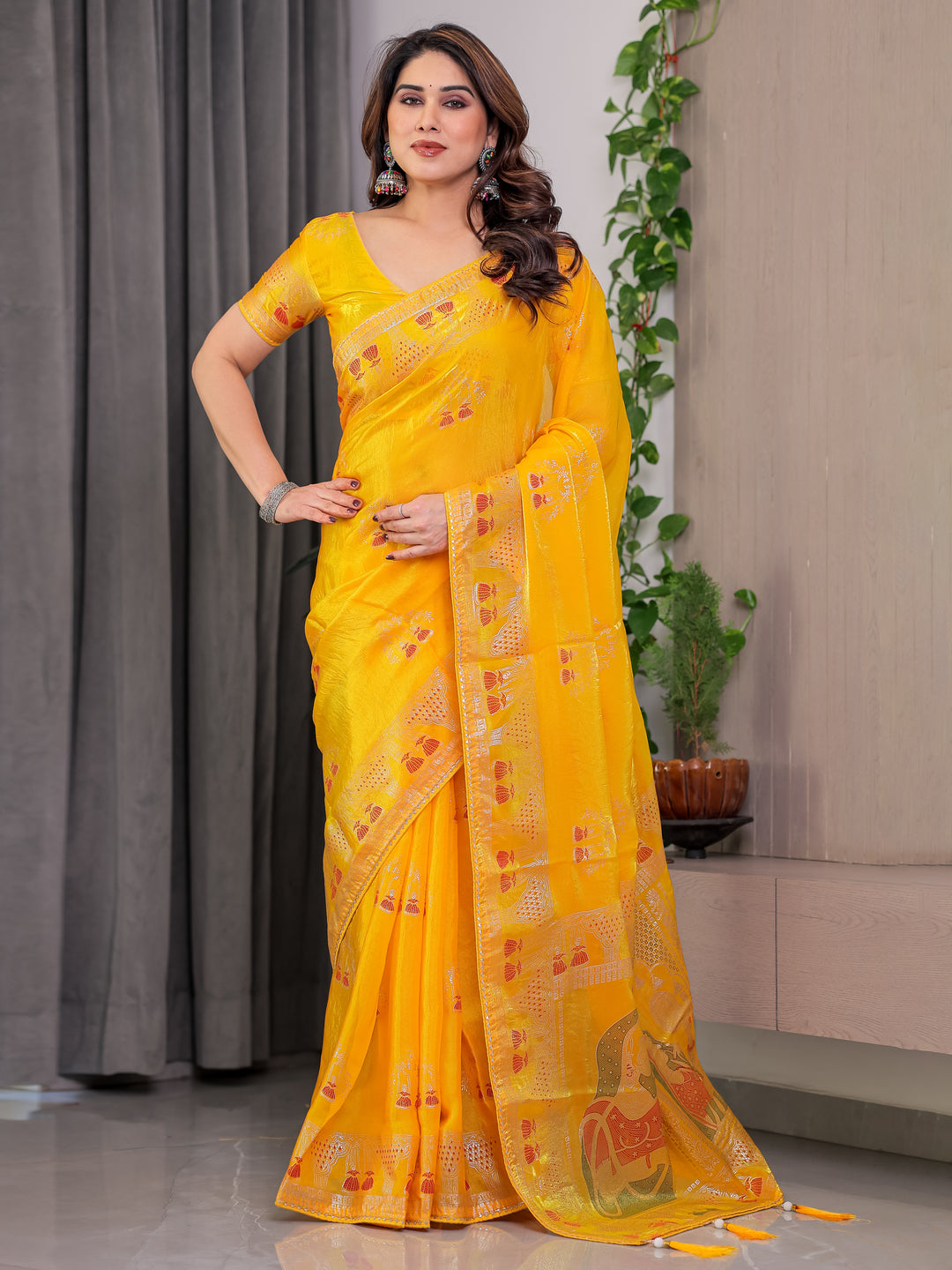 Mustard Yellow Fendi Satin Block & Foil Print Saree with Traditional Motif Border & Tassel Detail Blouse