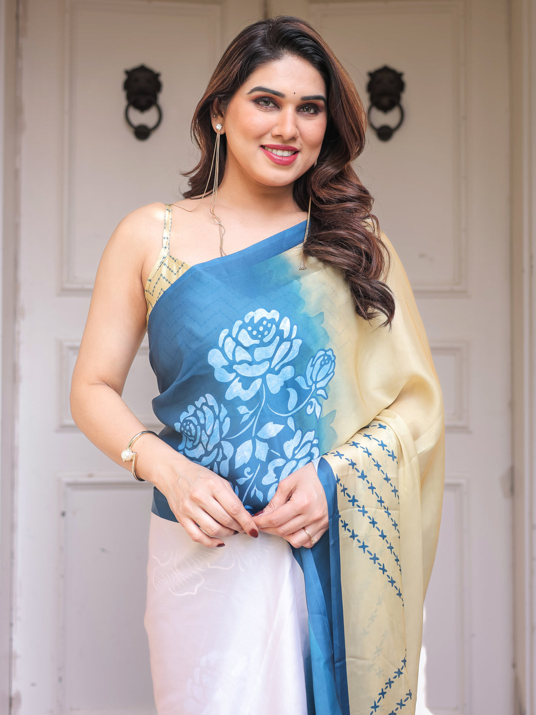 Steel Blue Ombre Floral Satin Georgette Saree with Contrast Pallu & Unstitched Blouse – Modern Festive & Party Wear