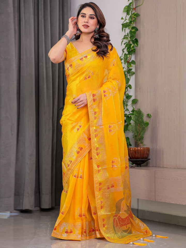 Mustard Yellow Fendi Satin Block & Foil Print Saree with Traditional Motif Border & Tassel Detail Blouse