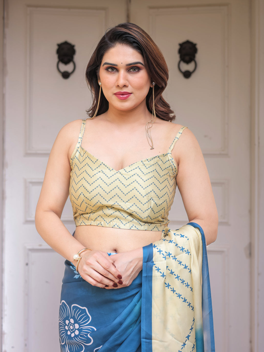 Steel Blue Ombre Floral Satin Georgette Saree with Contrast Pallu & Unstitched Blouse – Modern Festive & Party Wear