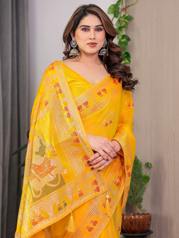 Mustard Yellow Fendi Satin Block & Foil Print Saree with Traditional Motif Border & Tassel Detail Blouse