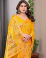 Mustard Yellow Fendi Satin Block & Foil Print Saree with Traditional Motif Border & Tassel Detail Blouse