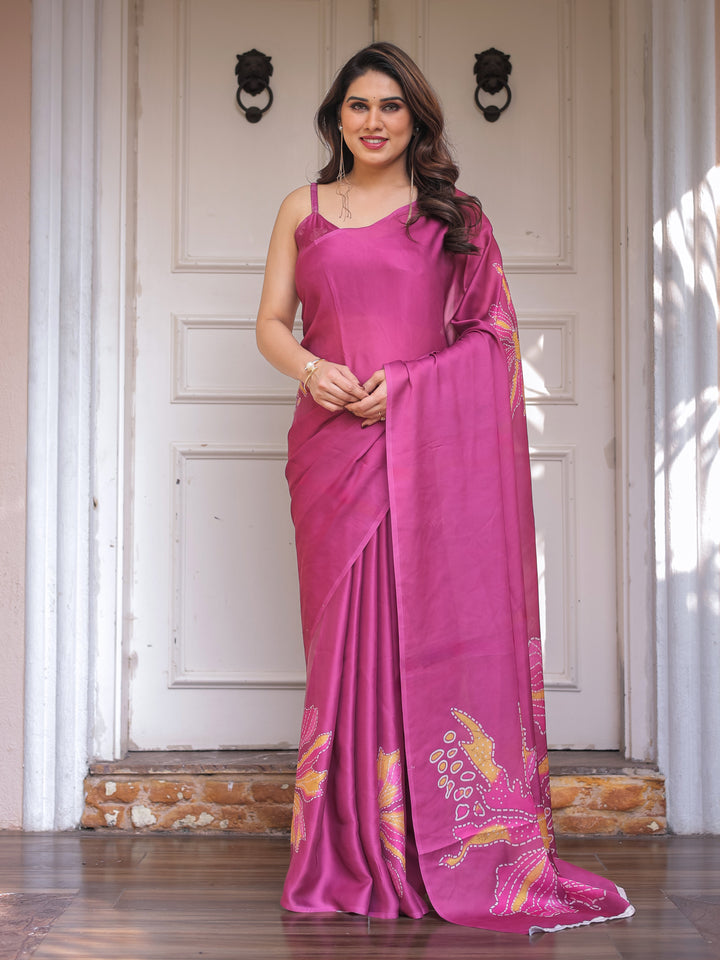 Rani Pink Floral Artistic Satin Georgette Saree with Contrast Placement Print & Unstitched Blouse – Festive & Party Wear
