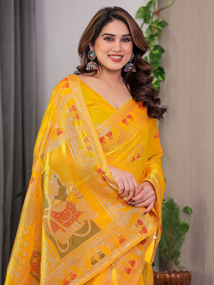 Mustard Yellow Fendi Satin Block & Foil Print Saree with Traditional Motif Border & Tassel Detail Blouse