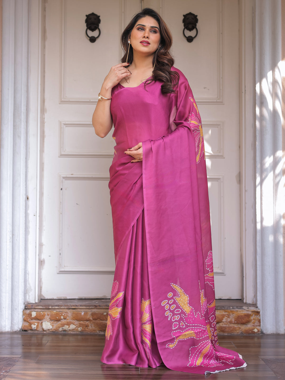 Rani Pink Floral Artistic Satin Georgette Saree with Contrast Placement Print & Unstitched Blouse – Festive & Party Wear