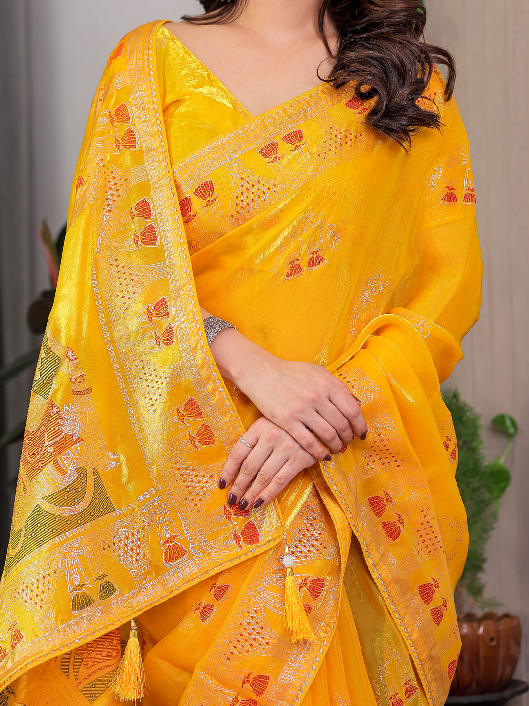Mustard Yellow Fendi Satin Block & Foil Print Saree with Traditional Motif Border & Tassel Detail Blouse