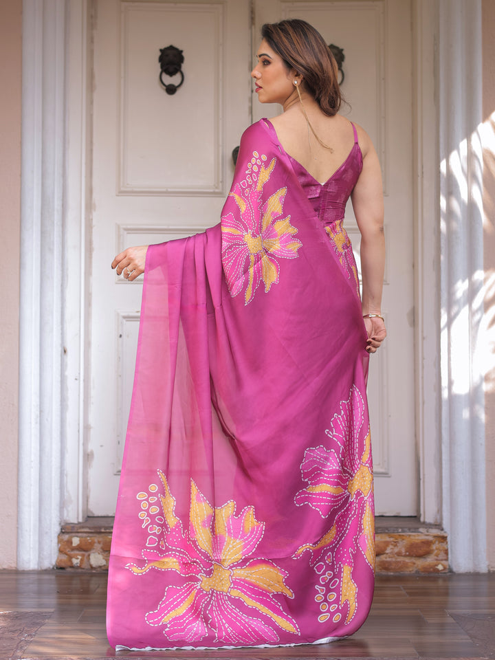 Rani Pink Floral Artistic Satin Georgette Saree with Contrast Placement Print & Unstitched Blouse – Festive & Party Wear