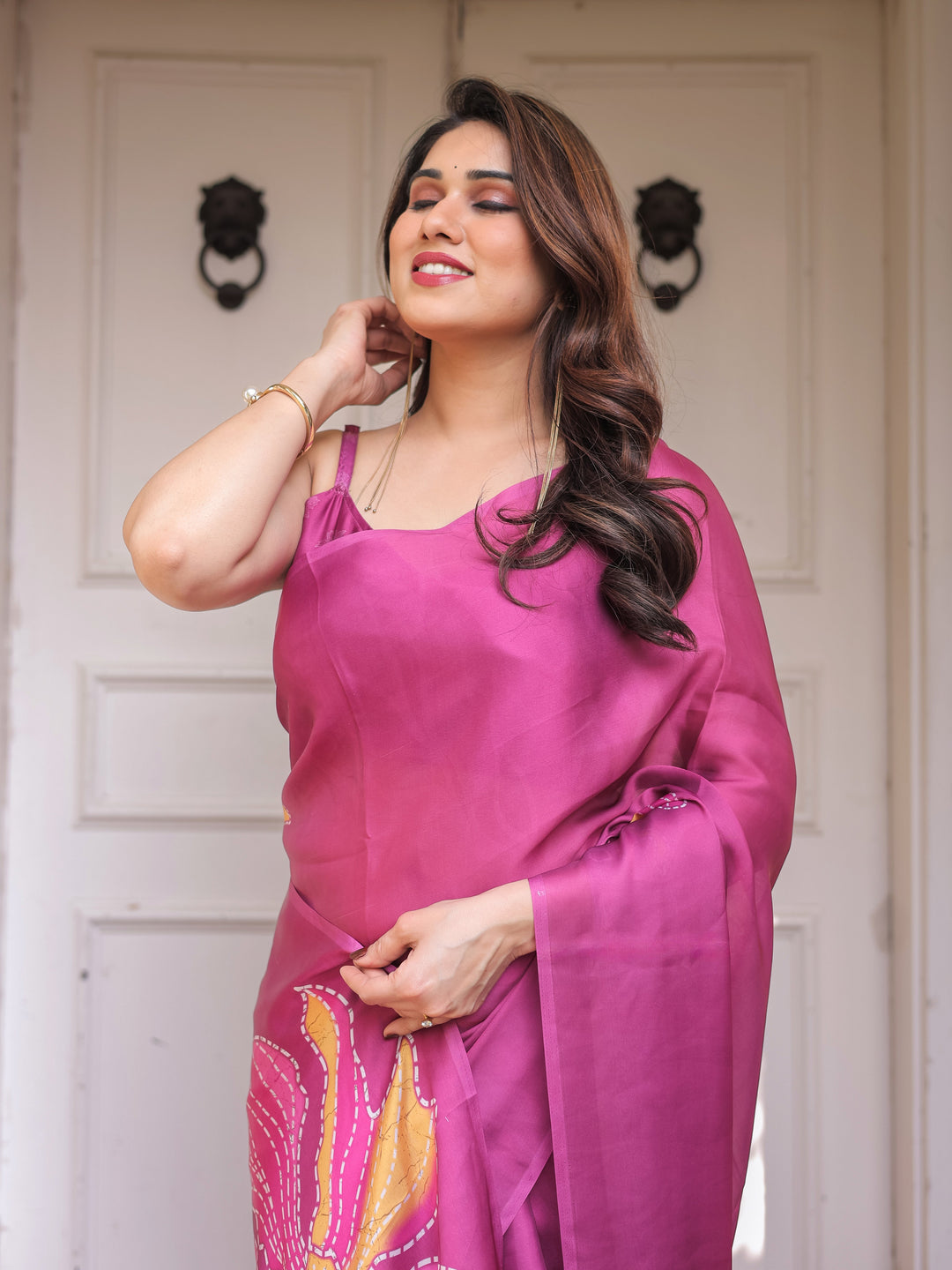 Rani Pink Floral Artistic Satin Georgette Saree with Contrast Placement Print & Unstitched Blouse – Festive & Party Wear