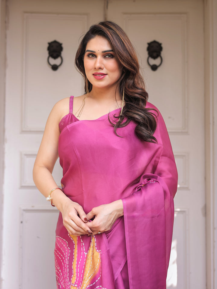 Rani Pink Floral Artistic Satin Georgette Saree with Contrast Placement Print & Unstitched Blouse – Festive & Party Wear