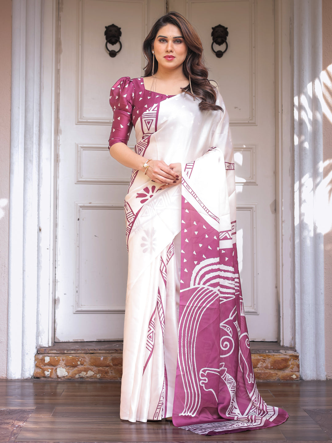 Ivory White & Wine Folk Art Printed Satin Georgette Saree with Tribal Border & Unstitched Blouse – Festive & Ethnic Wear