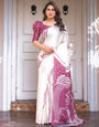 Ivory White & Wine Folk Art Printed Satin Georgette Saree with Tribal Border & Unstitched Blouse – Festive & Ethnic Wear