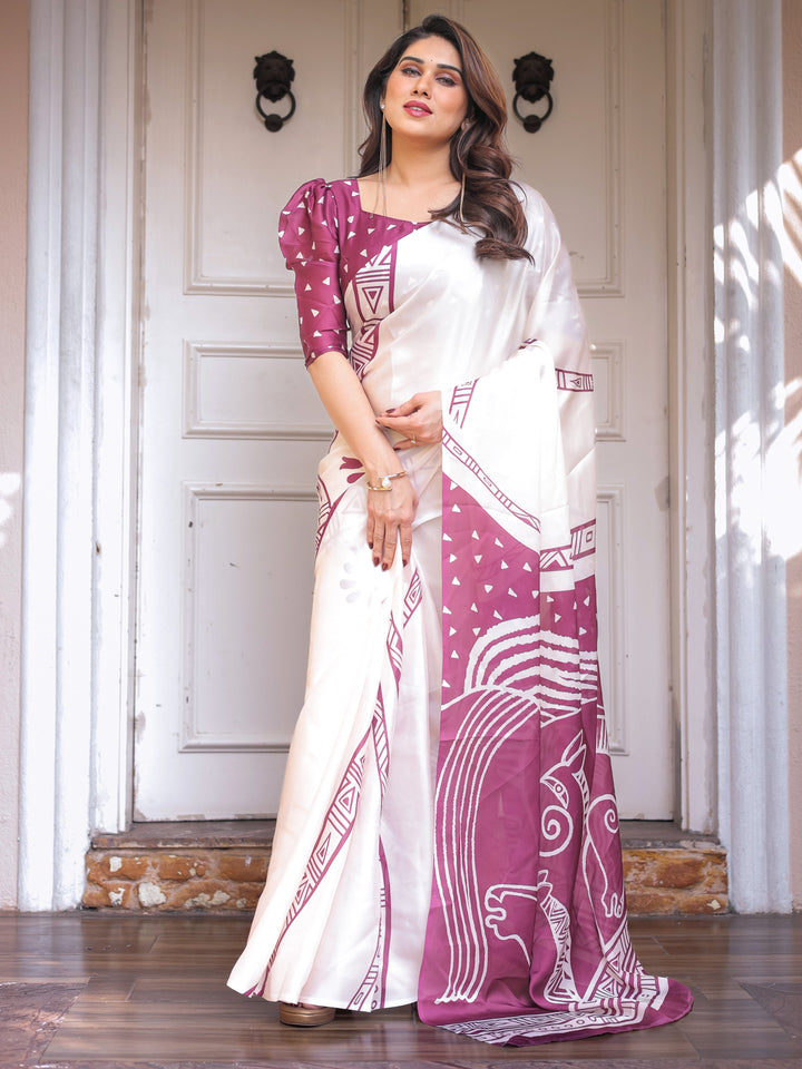 Ivory White & Wine Folk Art Printed Satin Georgette Saree with Tribal Border & Unstitched Blouse – Festive & Ethnic Wear