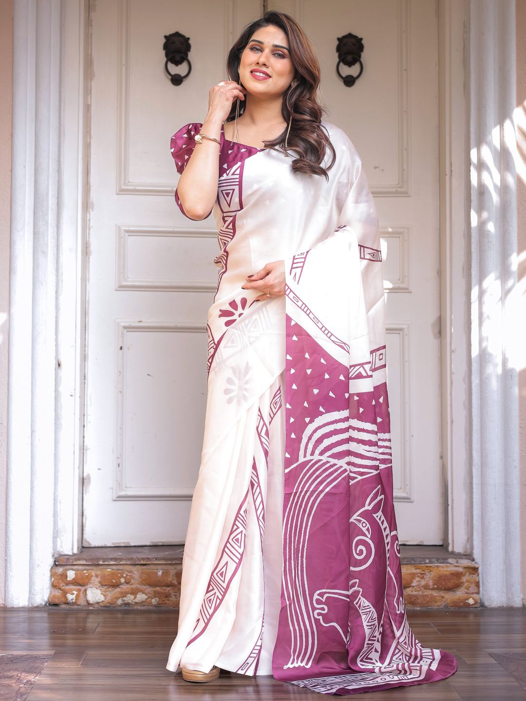 Ivory White & Wine Folk Art Printed Satin Georgette Saree with Tribal Border & Unstitched Blouse – Festive & Ethnic Wear