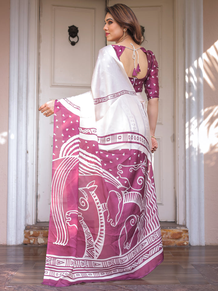 Ivory White & Wine Folk Art Printed Satin Georgette Saree with Tribal Border & Unstitched Blouse – Festive & Ethnic Wear