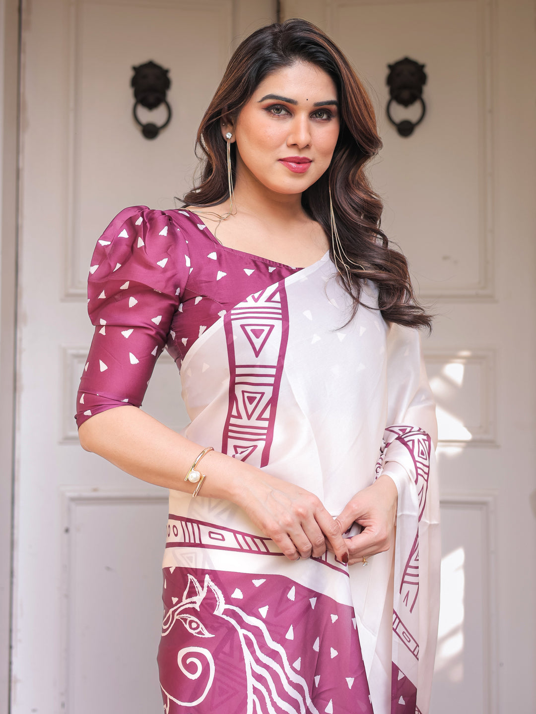 Ivory White & Wine Folk Art Printed Satin Georgette Saree with Tribal Border & Unstitched Blouse – Festive & Ethnic Wear