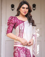 Ivory White & Wine Folk Art Printed Satin Georgette Saree with Tribal Border & Unstitched Blouse – Festive & Ethnic Wear