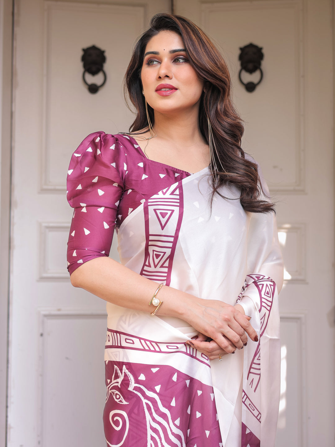 Ivory White & Wine Folk Art Printed Satin Georgette Saree with Tribal Border & Unstitched Blouse – Festive & Ethnic Wear