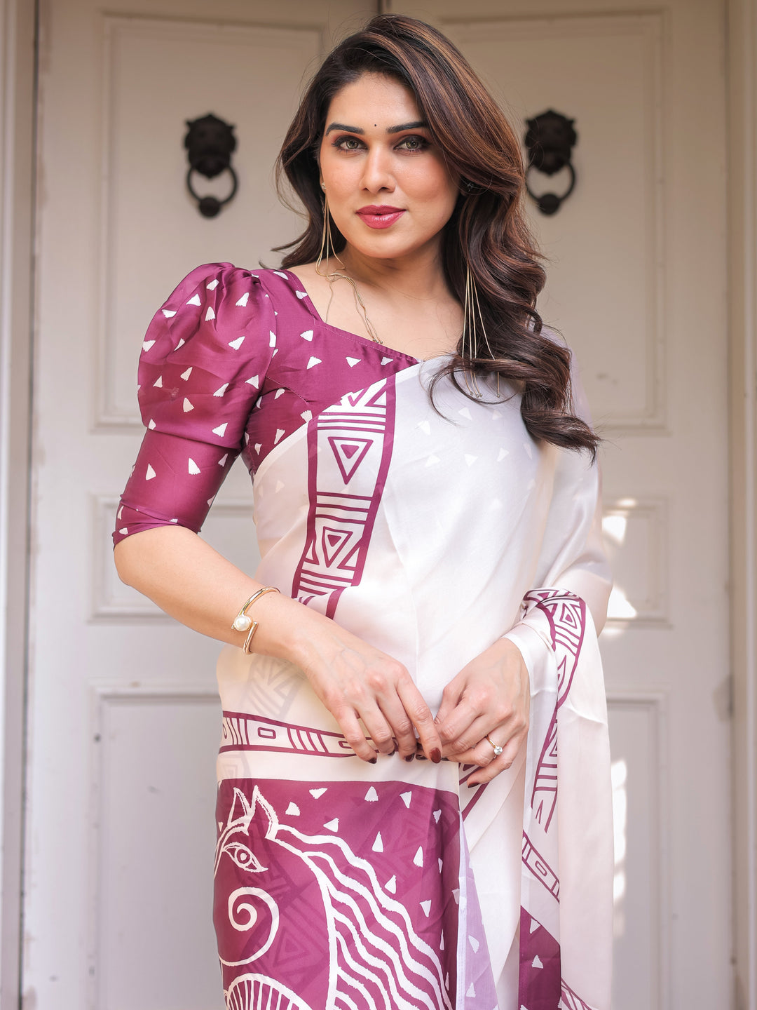 Ivory White & Wine Folk Art Printed Satin Georgette Saree with Tribal Border & Unstitched Blouse – Festive & Ethnic Wear