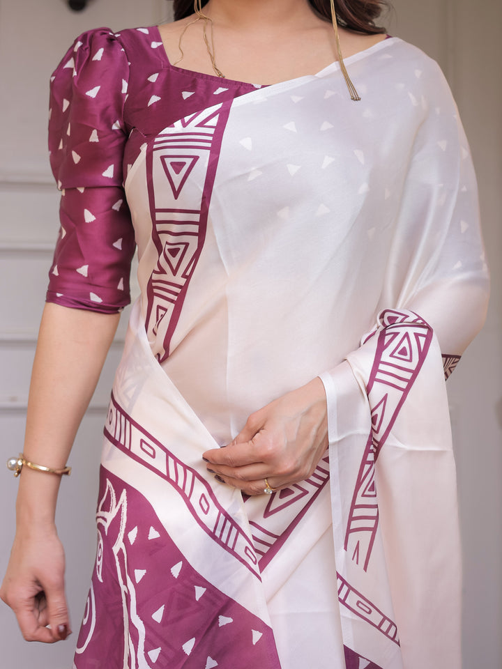 Ivory White & Wine Folk Art Printed Satin Georgette Saree with Tribal Border & Unstitched Blouse – Festive & Ethnic Wear