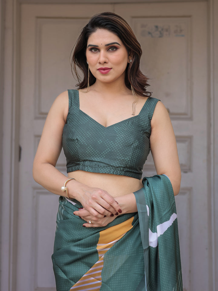 Bottle Green Abstract Printed Satin Georgette Saree with Designer Border & Unstitched Blouse – Modern Party & Office Wear