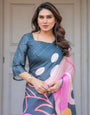 Slate Grey & Pink Abstract Designer Satin Georgette Saree with Artistic Pallu & Unstitched Blouse – Modern Party Wear