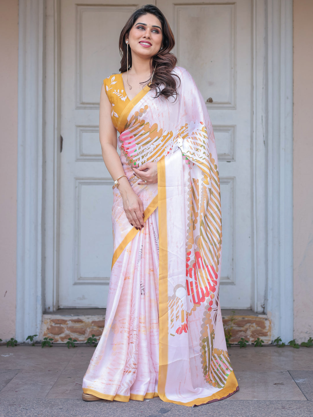 Ivory White Botanical Printed Satin Georgette Saree with Mustard Border & Unstitched Blouse – Elegant Festive & Day Wear