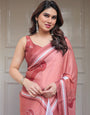 Coral Peach Minimal Floral Satin Georgette Saree with Soft Border & Unstitched Blouse – Elegant Day & Occasion Wear