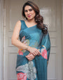 Teal Blue Large Floral Printed Satin Georgette Saree with Artistic Pallu & Unstitched Blouse – Elegant Party & Occasion Wear