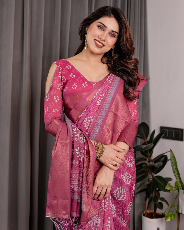 Rani Pink Pure Handloom Linen Saree with White Floral Print & Dual Zari Border | Elegant Tassel Finish | 5.5m Saree + 0.8m Blouse