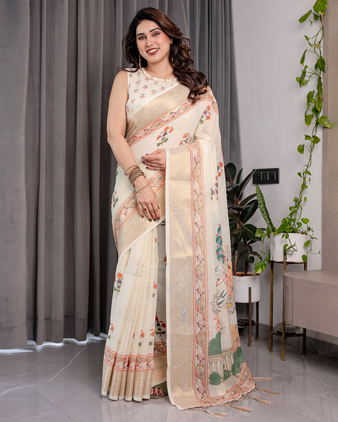 Ivory Cream Pure Handloom Linen Saree with Peach Floral Print & Zari Border | Artistic Garden Pallu & Tassels | 5.5m Saree + 0.8m Blouse
