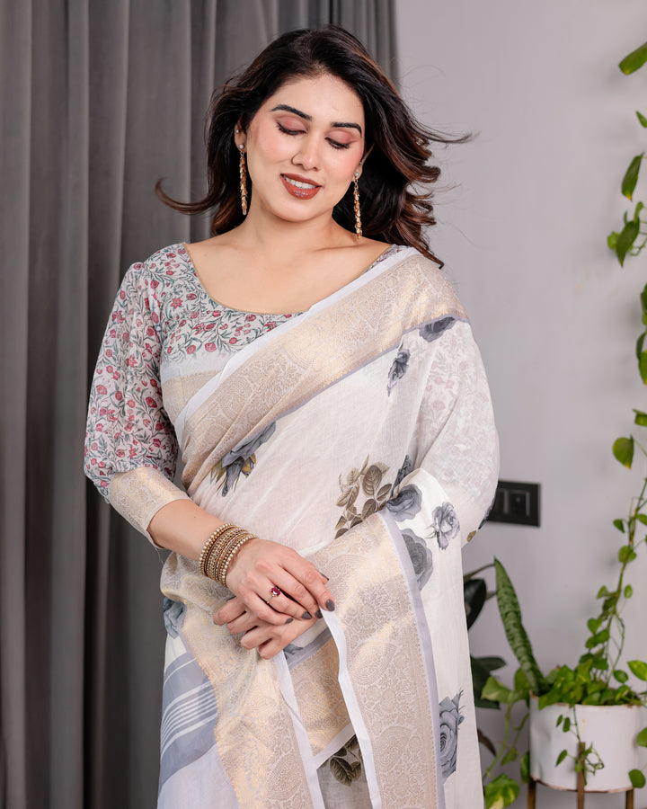 White Handloom Linen Saree with Grey Rose Floral Print & Gold Zari Border | Striped Pallu & Tassel Detailing | Attached Blouse | 5.5m Saree + 0.8m Blouse