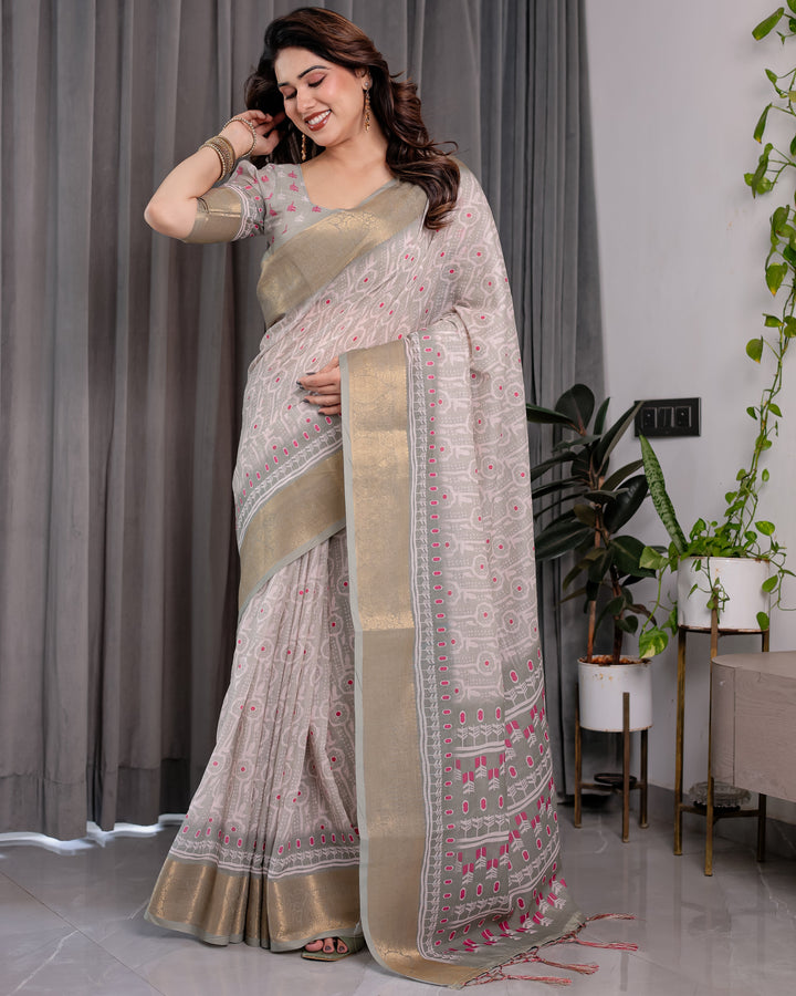 Crimson Pink & Teal Floral Handloom Linen Saree with Zari Border & Tassel Finish | 5.5m Saree + 0.8m Blouse