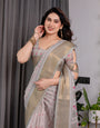 Crimson Pink & Teal Floral Handloom Linen Saree with Zari Border & Tassel Finish | 5.5m Saree + 0.8m Blouse