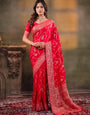 Red Nylon Viscose Pure Saree with Rich Woven Floral Butti Design, Traditional Designer Border, Grand Woven Pallu & Tassel Edges