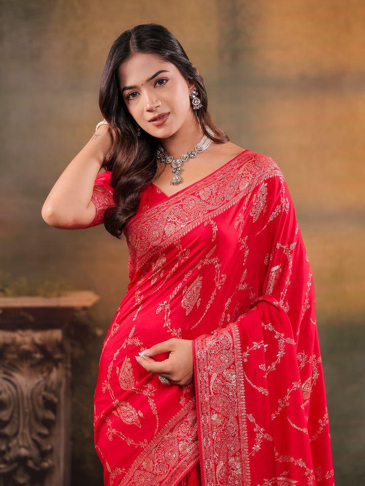 Red Nylon Viscose Pure Saree with Rich Woven Floral Butti Design, Traditional Designer Border, Grand Woven Pallu & Tassel Edges