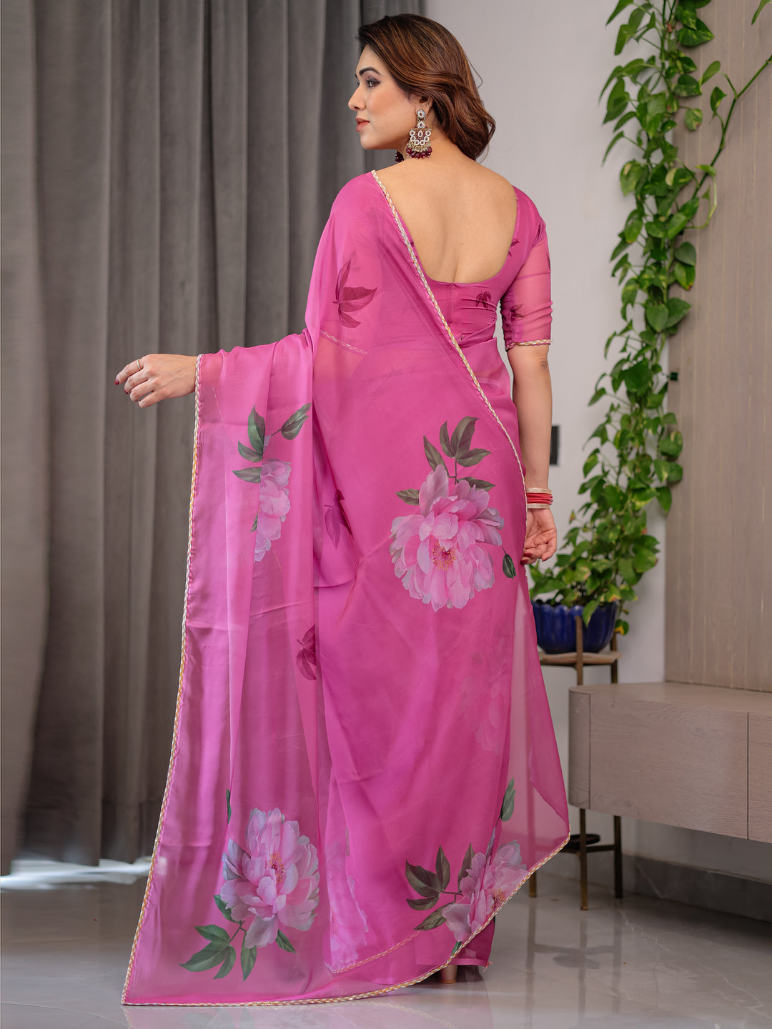 Rose Pink Floral Printed Organza Saree with Multicolour Lace Border | Designer Lightweight Organza Saree with Attached Blouse Piece | Elegant Festive & Party Wear Saree
