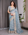 Sky Blue Handloom Linen Saree with Feather Leaf Print, Geometric Pallu & Zari Border | 5.5m Saree + 0.8m Blouse Piece