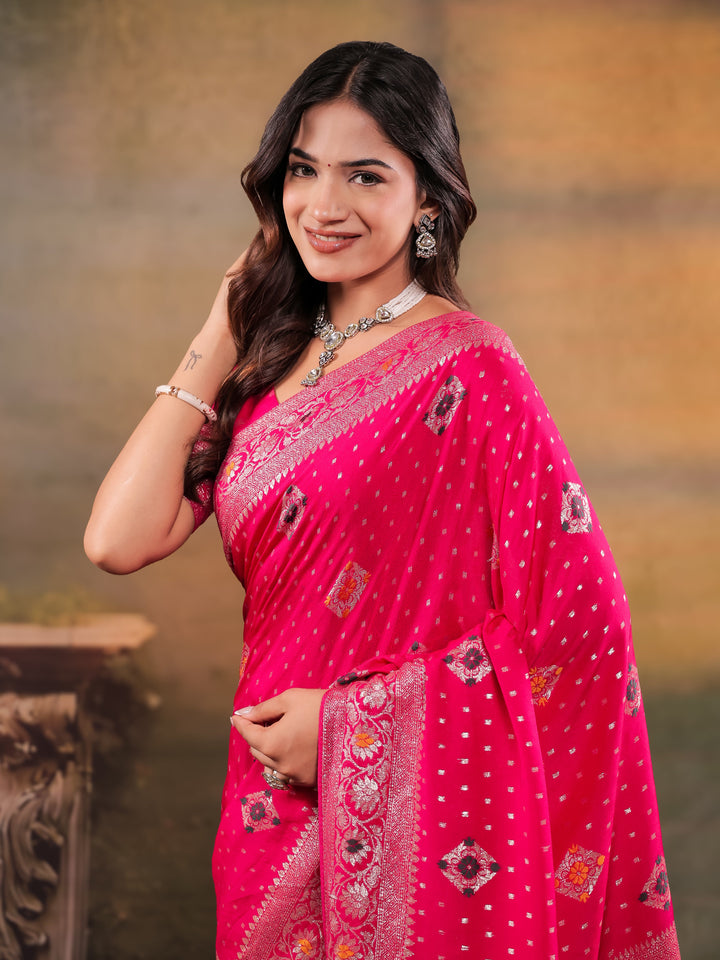 Rani Pink Nylon Viscose Pure Saree with Floral Woven Border, Traditional Butti Design, Designer Pallu & Tassel Edges
