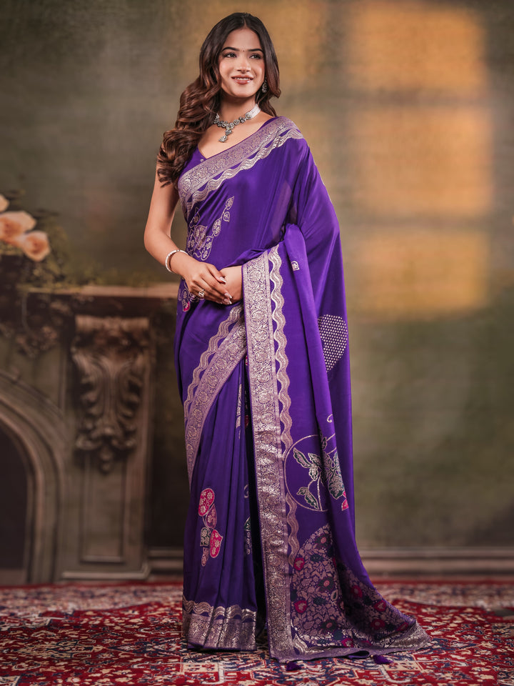 Royal Purple Nylon Viscose Pure Saree with Floral Woven Border, Artistic Floral Design, Designer Pallu & Tassel Edges