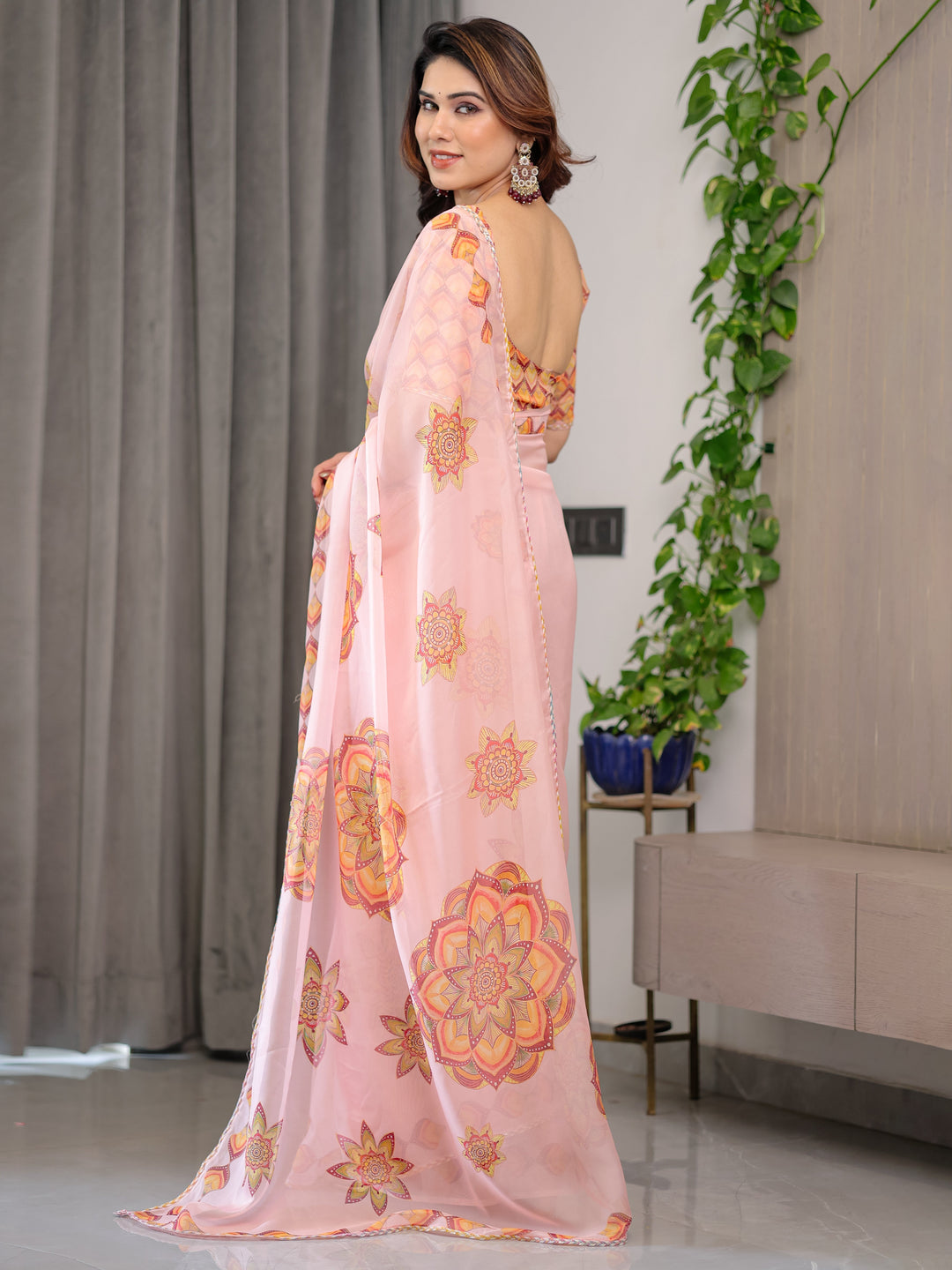 Peach Pink Mandala Printed Organza Saree with Multicolour Lace Border | Designer Lightweight Organza Saree with Attached Blouse Piece | Elegant Festive & Occasion Wear