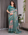 Teal Green Handloom Linen Saree with Multicolor Floral Printed Pallu & Zari Border | 5.5m Saree + 0.8m Blouse | Festive Tassel Finish