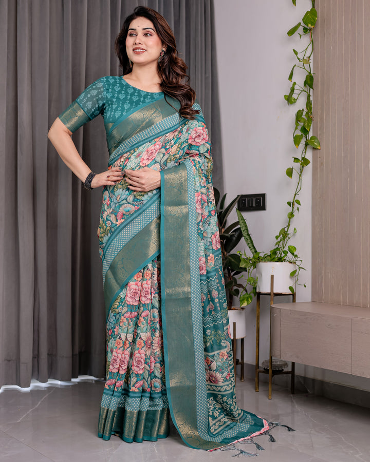 Teal Green Handloom Linen Saree with Multicolor Floral Printed Pallu & Zari Border | 5.5m Saree + 0.8m Blouse | Festive Tassel Finish