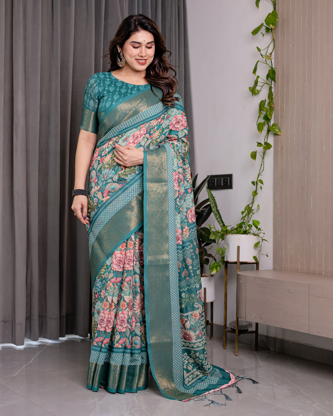 Teal Green Handloom Linen Saree with Multicolor Floral Printed Pallu & Zari Border | 5.5m Saree + 0.8m Blouse | Festive Tassel Finish