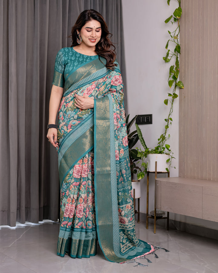 Teal Green Handloom Linen Saree with Multicolor Floral Printed Pallu & Zari Border | 5.5m Saree + 0.8m Blouse | Festive Tassel Finish