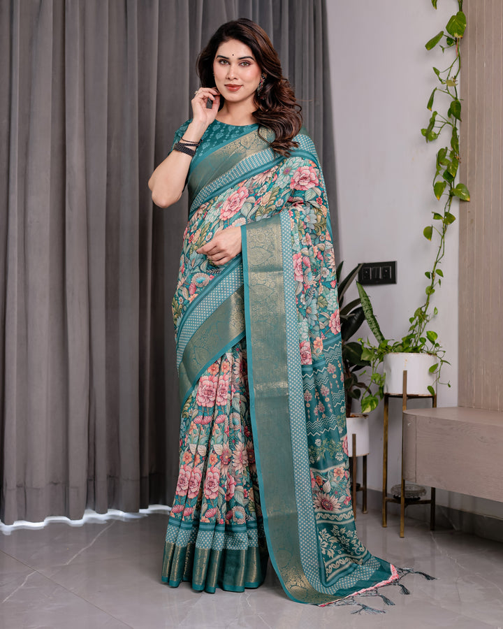 Teal Green Handloom Linen Saree with Multicolor Floral Printed Pallu & Zari Border | 5.5m Saree + 0.8m Blouse | Festive Tassel Finish
