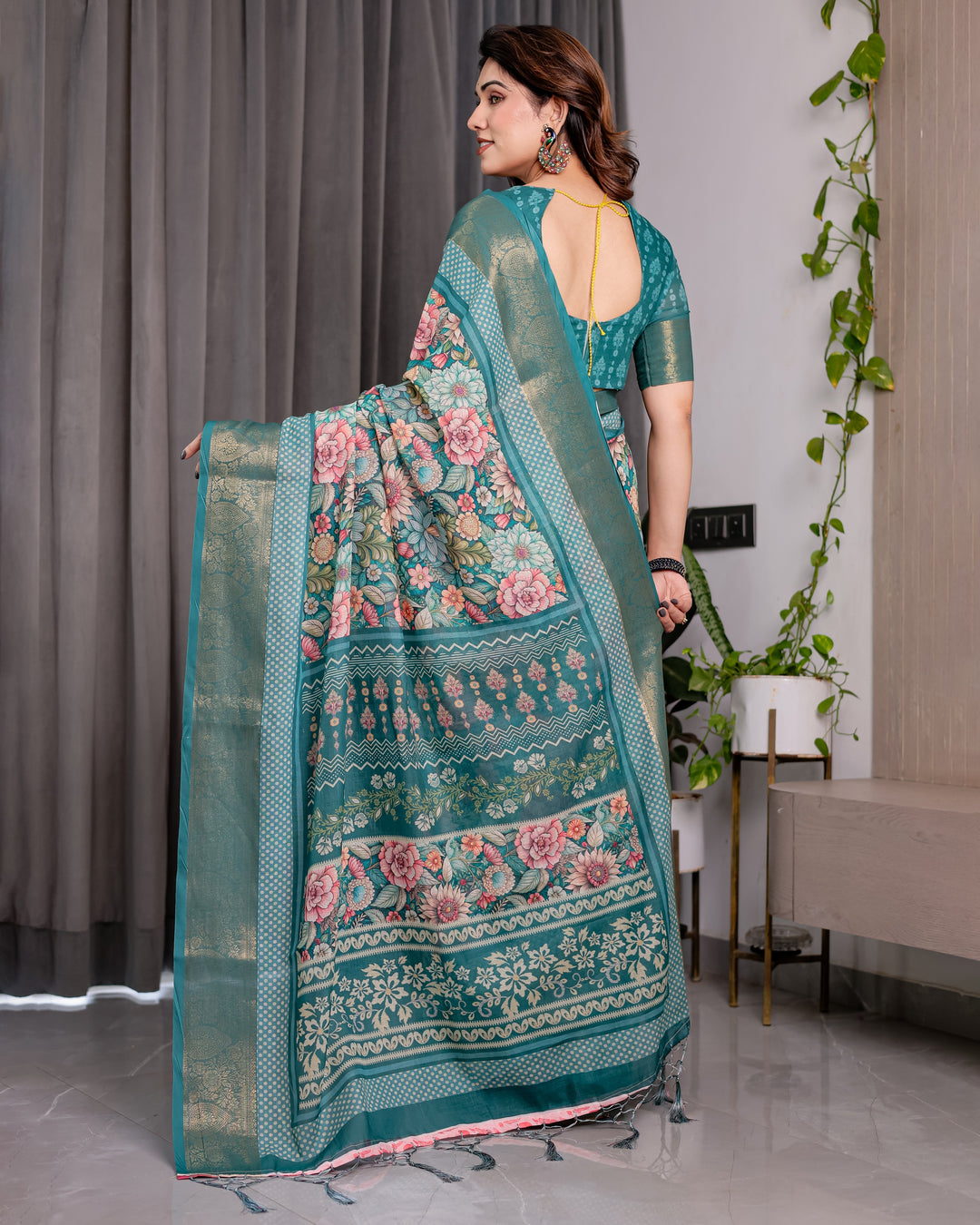 Teal Green Handloom Linen Saree with Multicolor Floral Printed Pallu & Zari Border | 5.5m Saree + 0.8m Blouse | Festive Tassel Finish