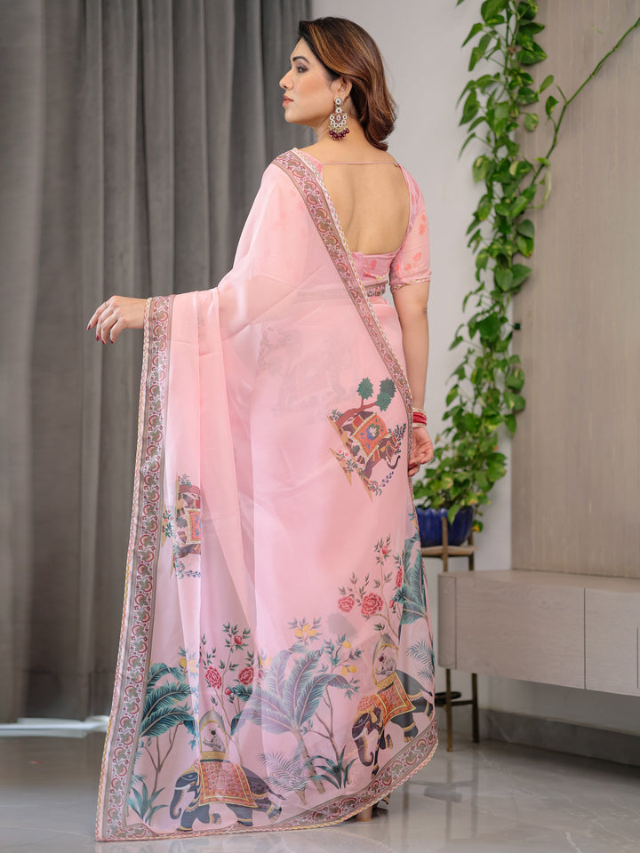 Blush Pink Printed Organza Saree with Royal Elephant Motifs & Floral Border | Designer Lightweight Organza Saree with Attached Blouse Piece | Festive & Ethnic Wear Saree