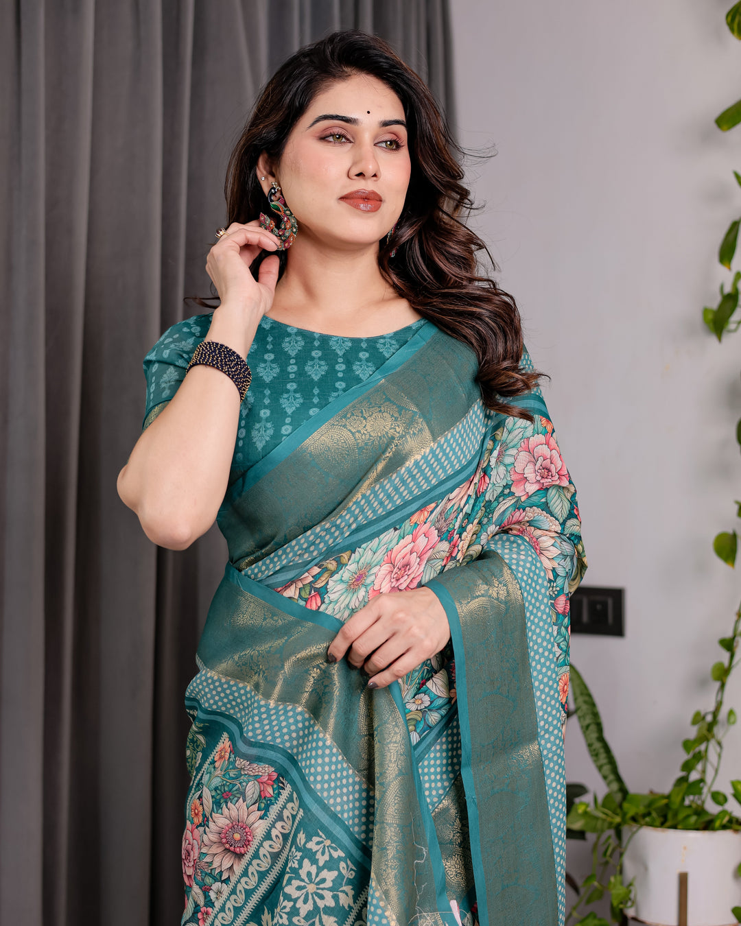 Teal Green Handloom Linen Saree with Multicolor Floral Printed Pallu & Zari Border | 5.5m Saree + 0.8m Blouse | Festive Tassel Finish