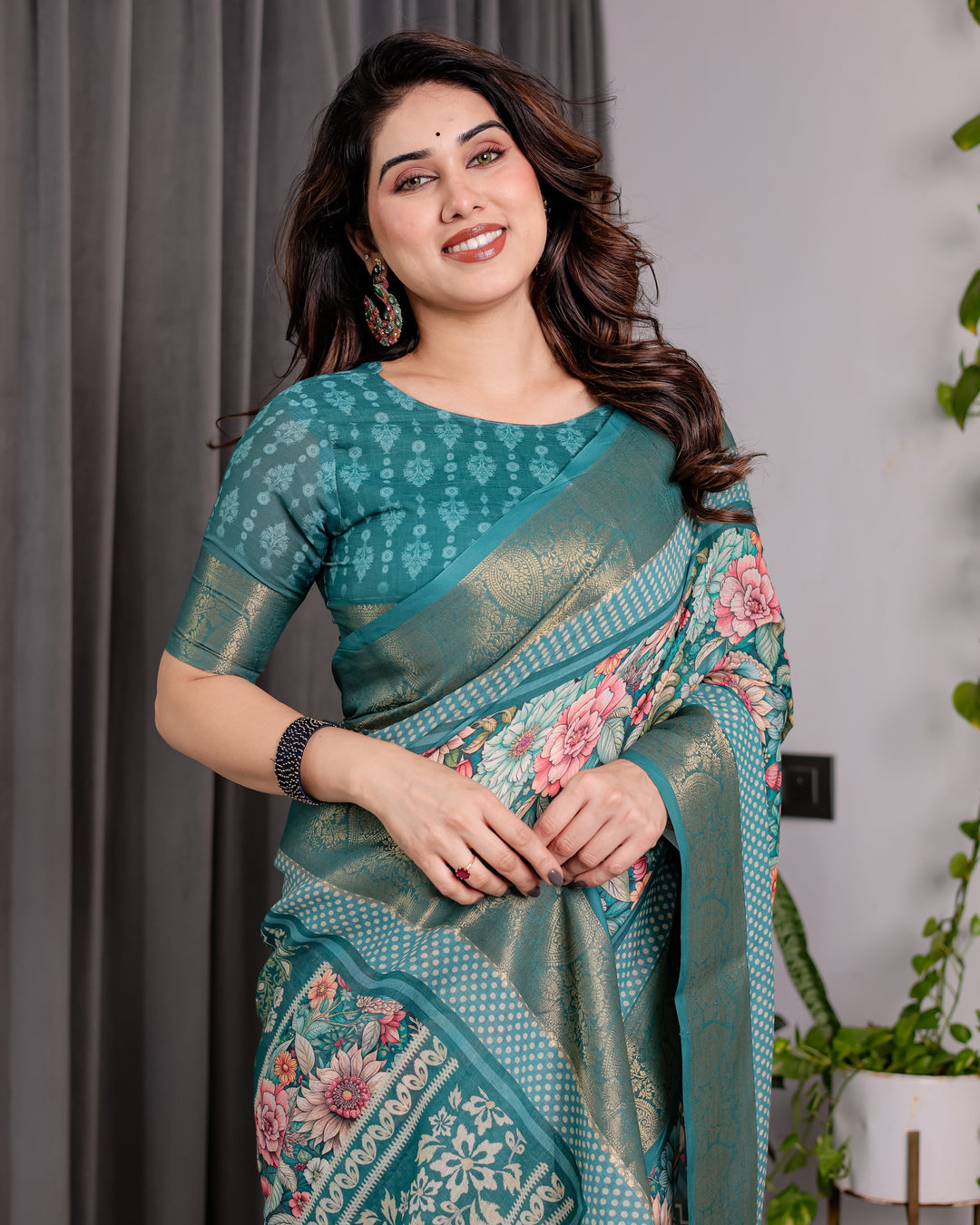 Teal Green Handloom Linen Saree with Multicolor Floral Printed Pallu & Zari Border | 5.5m Saree + 0.8m Blouse | Festive Tassel Finish