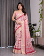 Blush Pink Handloom Linen Saree with Lotus Motif Printed Pallu & Zari Border | 5.5m Saree + 0.8m Blouse | Elegant Tassel Finish